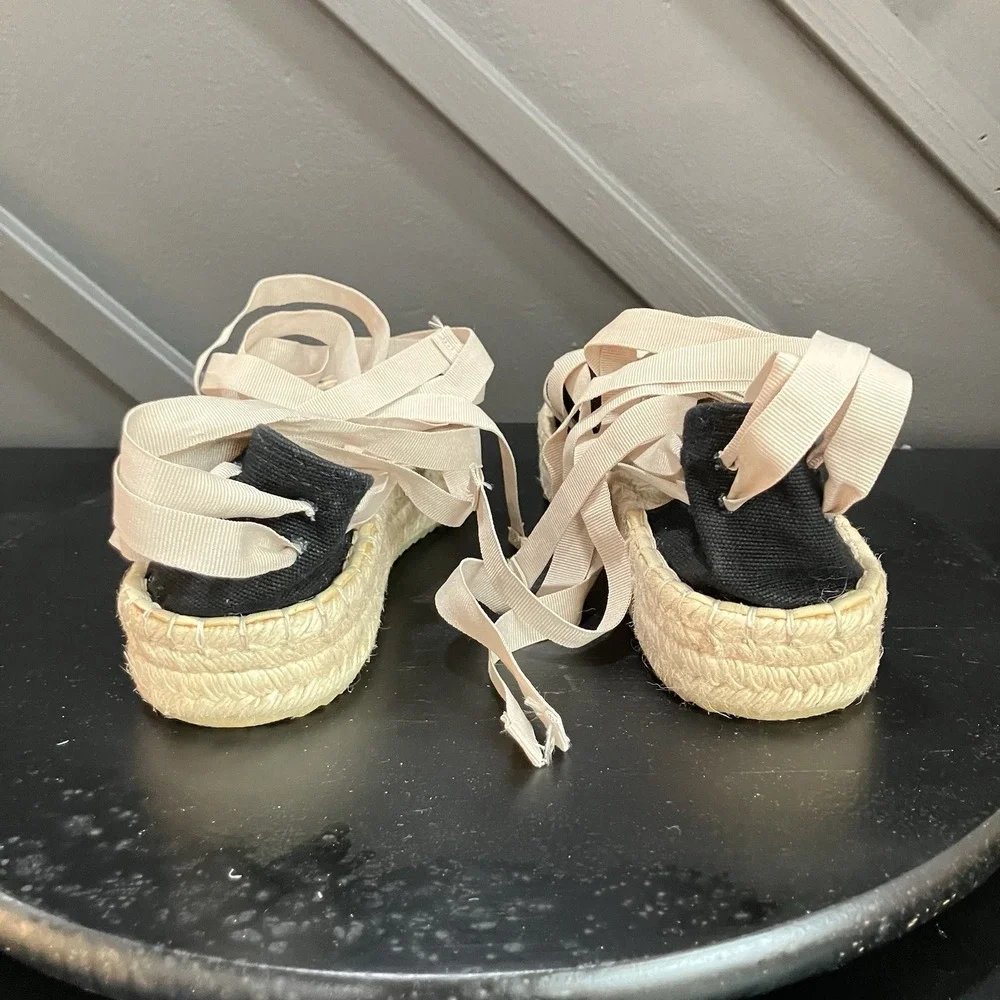 Free People Womens Size 7 EU 37 Espadrille Lace Up Ribbon Sandals Black Beige
